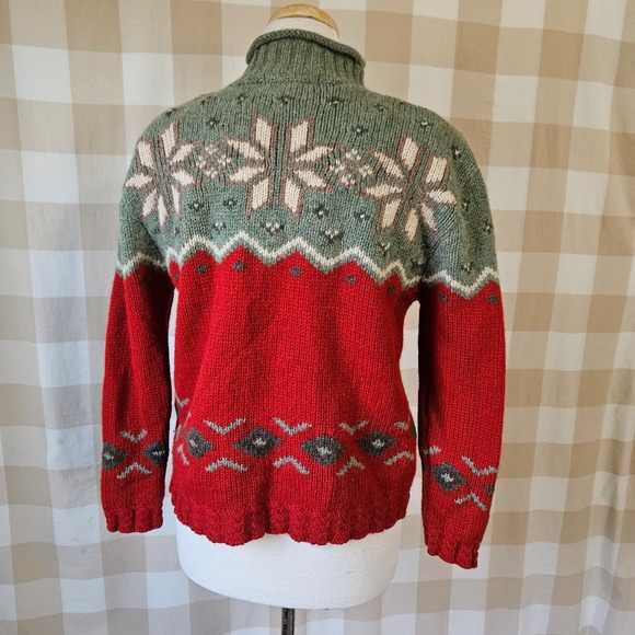 Vtg 90s Eddie Bauer M Petite 100% Wool Fair Isle Snowflake Turtleneck Sweater - Picture 6 of 7